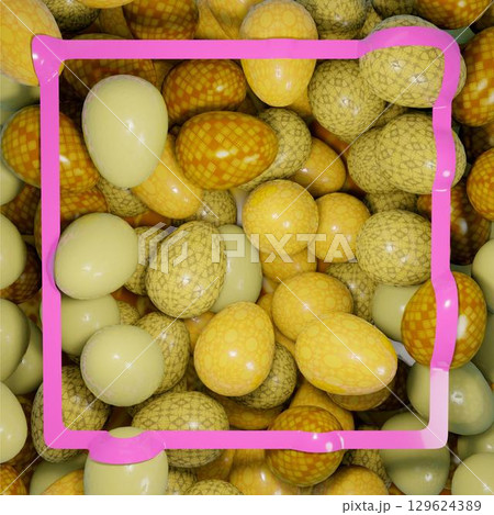 3d rendering. Illustration of Easter eggs of gold color and a pink ribbon in the form of a frame. Festive background 3d rendering. Illustration of Easter eggs of gold color and a pink ribbon in the form of a frame. Festive background 129624389