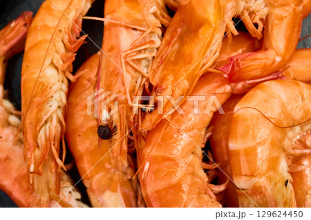 Grilled shrimp on a black grill plate surrounded by green grass in a sunny outdoor setting Grilled shrimp on a black grill plate surrounded by green grass in a sunny outdoor setting 129624450