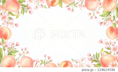 水彩の桃とピンクの花で飾られたフレーム 129624596