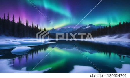 夜空を彩る幻想的なオーロラと雪景色の湖 129624701