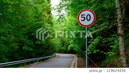 speed limit sign stands near a forested road, surrounded by lush greenery 129624836