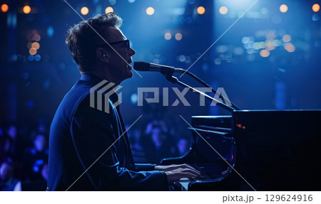 professinal pianist playing on piano at dark stage, man play at performance on grand piano instrument, back light and illumination professinal pianist playing on piano at dark stage, man play at performance on grand piano instrument, back light and illumination 129624916