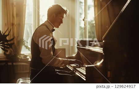 professinal pianist playing on piano at dark stage, man play at performance on grand piano instrument, back light and illumination professinal pianist playing on piano at dark stage, man play at performance on grand piano instrument, back light and illumination 129624917