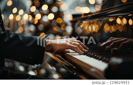 pianist playing on piano at dark stage closeup, man play at performance on grand piano keys close-up, fingers and hand with white and black keys close up pianist playing on piano at dark stage closeup, man play at performance on grand piano keys close-up, fingers and hand with white and black keys close up 129624931