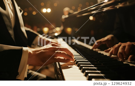 pianist playing on piano at dark stage closeup, man play at performance on grand piano keys close-up, fingers and hand with white and black keys close up 129624932