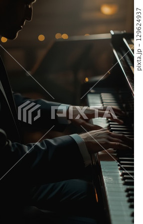 pianist playing on piano at dark stage closeup, man play at performance on grand piano keys close-up, fingers and hand with white and black keys close up 129624937