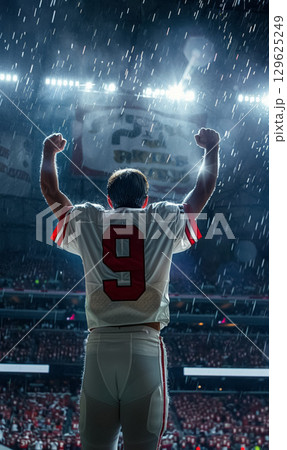 american football or rugby player man celebrating goal and raising hand at stadium, championship and winning concept 129625249