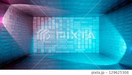 3d render. Geometric figure in neon light against a dark tunnel. Laser line glow. Neon backgrounds 129625308