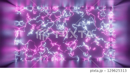 3D rendering. Geometric figure in neon light on a dark room. Electric line of lightning glow. Neon abstract backgrounds 129625313