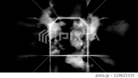 3d render. Geometric figure in neon light against a dark tunnel. Laser line glow. Neon backgrounds 3d render. Geometric figure in neon light against a dark tunnel. Laser line glow. Neon backgrounds 129625335