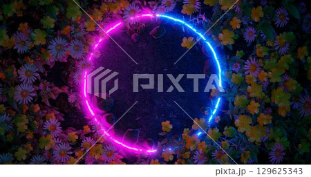 3d render. Neon hoop or circle in the wildflowers. Nature in vibrant neon colors. 3d render. Neon hoop or circle in the wildflowers. Nature in vibrant neon colors. 129625343