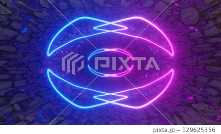 3d Rendering. Geometric figure in neon light against a dark tunnel. Laser glow. Neon backgrounds 3d Rendering. Geometric figure in neon light against a dark tunnel. Laser glow. Neon backgrounds 129625356