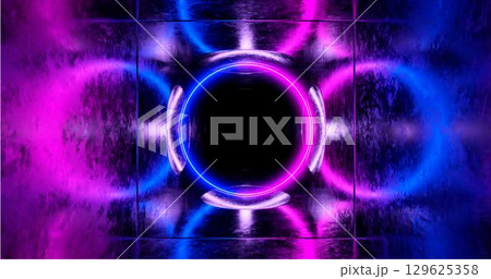 3d Rendering. Geometric figure in neon light against a dark tunnel. Laser glow. Neon backgrounds 3d Rendering. Geometric figure in neon light against a dark tunnel. Laser glow. Neon backgrounds 129625358