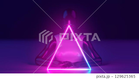 3D rendering. A mannequin girl of dark glossy material, dressed in bright glossy clothes, behind a luminous neon triangle, on a flat surface. On a dark blue background. 129625365