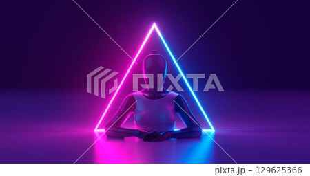 3D rendering. A girl mannequin made of dark glossy material, dressed in bright glossy clothes, in front of a glowing neon triangle, on a flat surface. On a dark blue background. 3D rendering. A girl mannequin made of dark glossy material, dressed in bright glossy clothes, in front of a glowing neon triangle, on a flat surface. On a dark blue background. 129625366