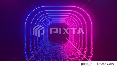 3D Rendering. Geometric figure in neon light against a dark tunnel. Laser glow. 129625369