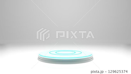 3d rendering. Studio with geometric shapes, a podium with neon luminous stripes on the field. Platforms for product presentation, background layout. Abstract composition in a minimalistic design. 3d rendering. Studio with geometric shapes, a podium with neon luminous stripes on the field. Platforms for product presentation, background layout. Abstract composition in a minimalistic design. 129625374