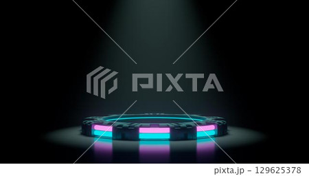 3d rendering. Dark Studio with geometric shapes, a podium with neon luminous stripes on the field. Platforms for product presentation, background layout. Abstract composition in a minimalist design. 3d rendering. Dark Studio with geometric shapes, a podium with neon luminous stripes on the field. Platforms for product presentation, background layout. Abstract composition in a minimalist design. 129625378