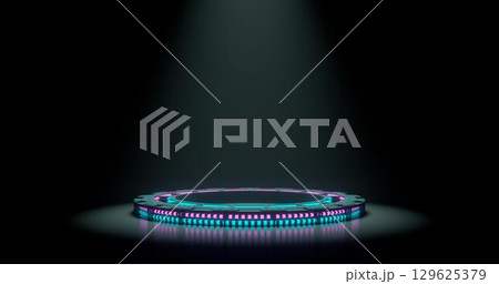 3d rendering. Dark Studio with geometric shapes, a podium with neon luminous stripes on the field. Platforms for product presentation, background layout. Abstract composition in a minimalist design. 3d rendering. Dark Studio with geometric shapes, a podium with neon luminous stripes on the field. Platforms for product presentation, background layout. Abstract composition in a minimalist design. 129625379