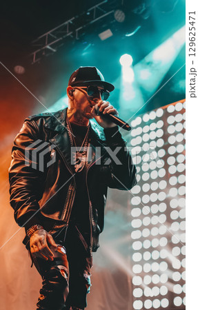 black african american hip hop artist or rapper on illuminated scene singing a song, musical festival event with famous celebrity 129625471