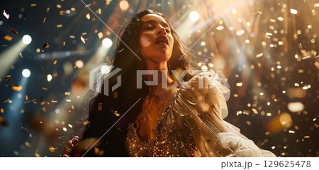 beautiful woman singing in microphone at stage of musical festival, female artist sing song on scene 129625478