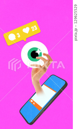 Collage of hand holding stylized eyeball emerging from smartphone with social media notifications on bright pink background 129625529