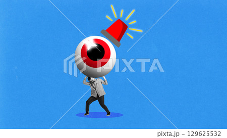 Minimalist pop art collage. Man carrying giant red eyeball with alarm light on top against blue background Minimalist pop art collage. Man carrying giant red eyeball with alarm light on top against blue background 129625532