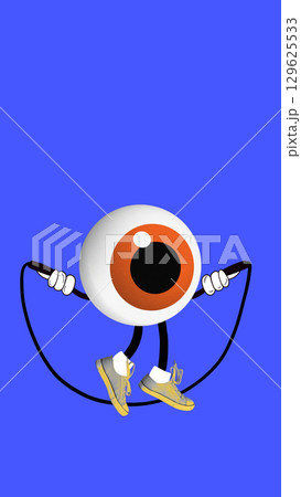 Digital colorful poster. Cartoon eyeball with sneakers skipping rope on vivid blue background Digital colorful poster. Cartoon eyeball with sneakers skipping rope on vivid blue background 129625533