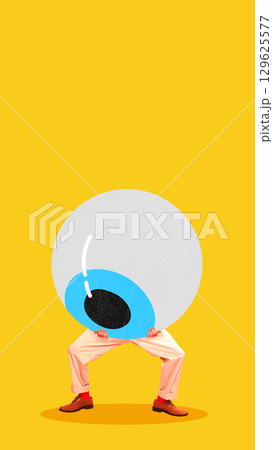 Surreal collage. Man holding oversized blue eye symbol on bright yellow background Surreal collage. Man holding oversized blue eye symbol on bright yellow background 129625577