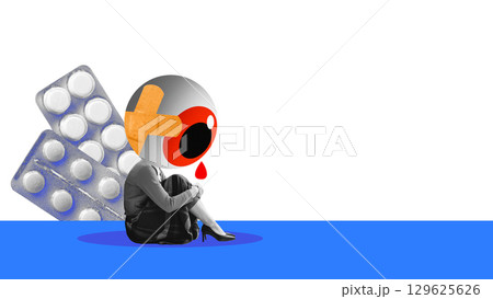 Contemporary collage. Woman sitting with head as crying eye and bandage, large blister packs in background 129625626