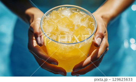 爽やか夏のを感じる水色背景と冷えたオレンジジュースを持つ手のアップ_水色とオレンジの背景素材 129625633