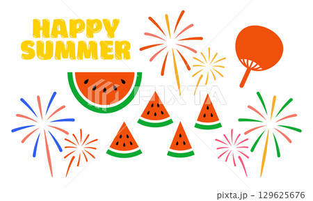 夏の風物詩イラストセット（スイカ・花火・うちわ・HAPPY SUMMER文字入り） 129625676