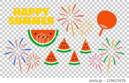 夏の風物詩イラストセット（スイカ・花火・うちわ・HAPPY SUMMER文字入り） 129625676