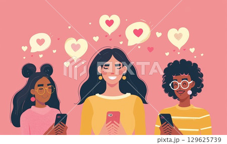 young woman holding smartphone in a colorful, vibrant digital environment filled with emojis and icons, social media messaging and communication concept 129625739