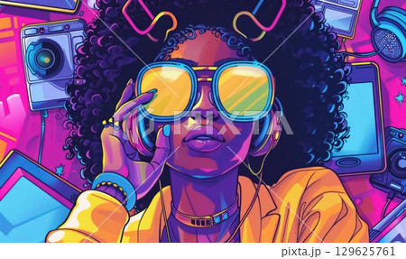 Stylish woman with afro and neon sunglasses surrounded by cameras and tech icons. Vibrant, futuristic pop-art vibe, capturing essence of modern technology and creative expression Stylish woman with afro and neon sunglasses surrounded by cameras and tech icons. Vibrant, futuristic pop-art vibe, capturing essence of modern technology and creative expression 129625761