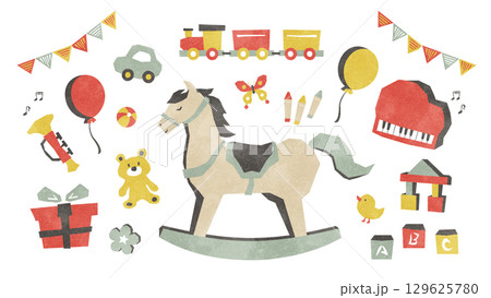木馬とおもちゃのイラストセット 129625780
