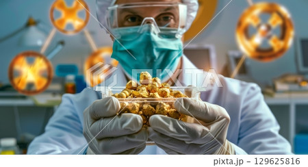 Nuclear physicist holding golden radioactive isotopes in laboratory 129625816