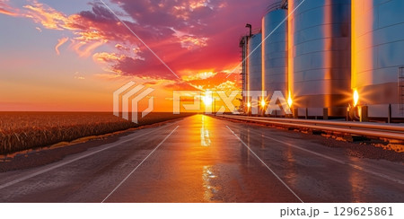 Silos reflecting sunset in wheat field landscape Silos reflecting sunset in wheat field landscape 129625861
