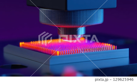 The future AI medical laboratory and research concept, High-tech microscope examining a colorful microchip surface. 129625946