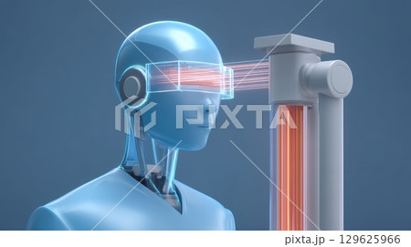 The future AI medical laboratory and research concept, Futuristic humanoid with headset interacting with technology. 129625966