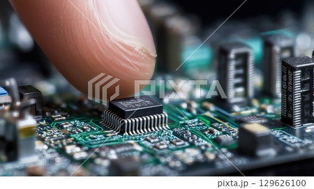 Futuristic and Medical research concept, Close-up of a finger touching a microchip on a circuit board. 129626100
