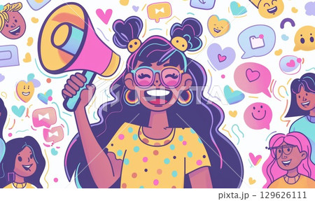 joyful girl holds megaphone while surrounded by vibrant icons and friends depicting communication and positivity in a creative illustration 129626111
