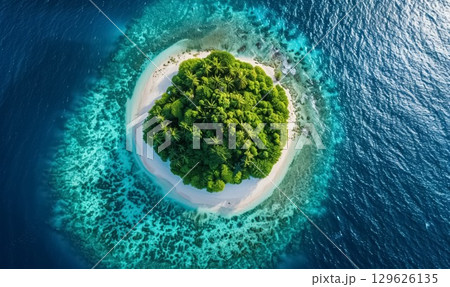 aerial view of lush tropical island surrounded by vibrant turquoise waters of sea or ocean and coral reefs during the day 129626135