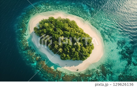 aerial view of lush tropical island surrounded by vibrant turquoise waters of sea or ocean and coral reefs during the day 129626136