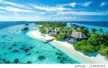 aerial view of lush tropical island surrounded by vibrant turquoise waters of sea or ocean and coral reefs during the day 129626161
