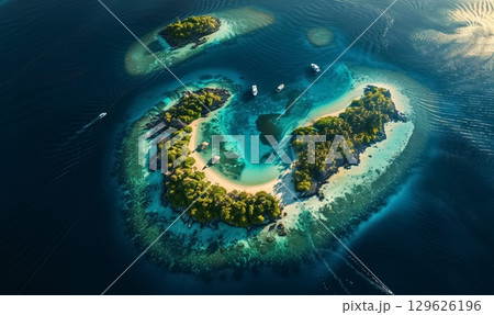 aerial view of lush tropical island surrounded by vibrant turquoise waters of sea or ocean and coral reefs during the day 129626196