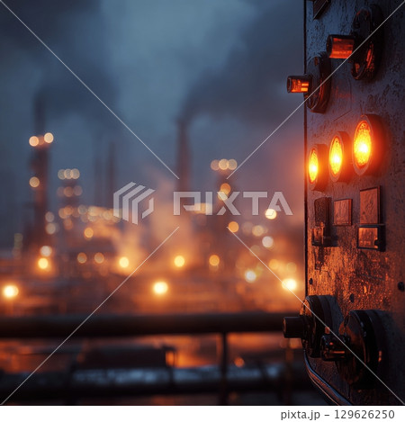 Control panel monitoring a petrochemical plant at dusk Control panel monitoring a petrochemical plant at dusk 129626250