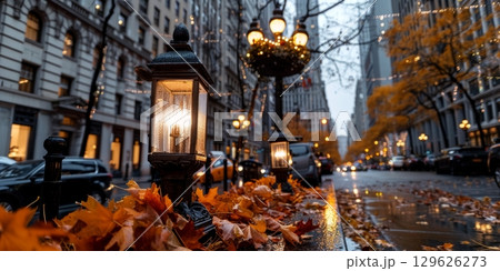 Streetlights illuminating autumn leaves on fifth avenue Streetlights illuminating autumn leaves on fifth avenue 129626273