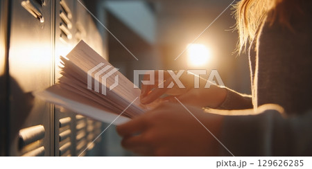 Student searching for information in school mailbox at sunset 129626285