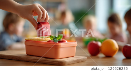 School children putting juice box in lunchbox for school lunch break 129626286